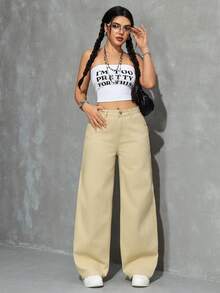 SHEIN EZwear 女士休闲宽松口袋牛仔裤 - 卡其色 - 查看 6