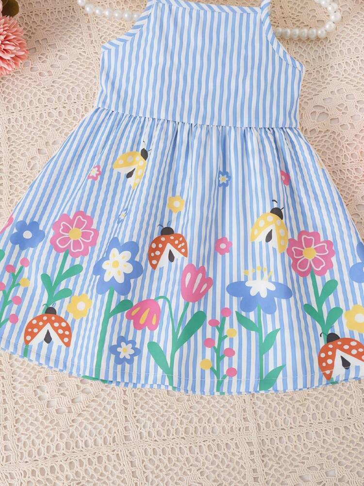 Vestido de tirantes finos con estampado floral y de plantas, a rayas, para niña pequeña, primavera/verano. Ligero y cómodo para usar en casa o al aire libre, versátil para fotografía y uso diario. Ropa para niñas, vestido para niña pequeña, regalo - Multicolor - Añade 4