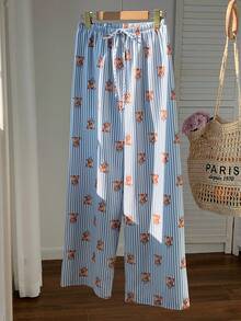 Comfortcana Quần dài nữ kiểu dáng thường ngày kẻ sọc in hình gấu, có dây rút, thích hợp cho mùa xuân, đi biển, du lịch. - Nhiều màu - Xem 7