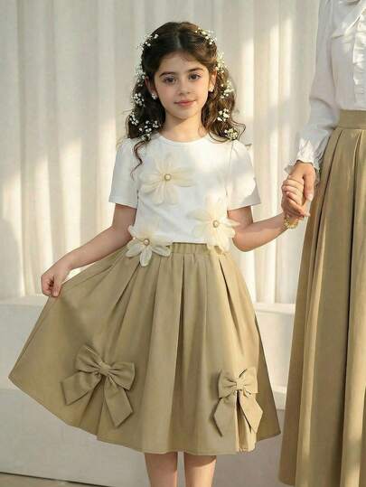 Young Girl Casual 3D Floral Decor Short Sleeve T-Shirt, Summer