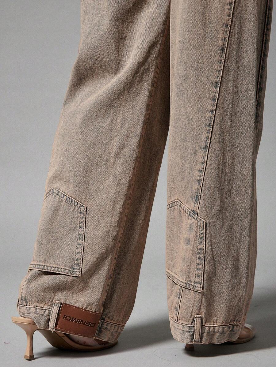 Denimoi Quần jeans ống rộng nữ có túi và cúc, kiểu dáng thường ngày, đa năng. - Rửa nhẹ - Xem 1