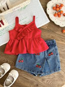 SHEIN 2pcs/Baby Girls, A Sweet Spring/Summer Outing Outfit: A Red Halter Top With Ruffled Details And Faux Cherry Embroidery, Paired With Denim Culottes And A Two Pieces Skirt - Red - View 6