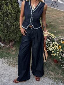 DAZY Women's Casual Denim Vest And Jeans Set, Summer - Blue - View 5