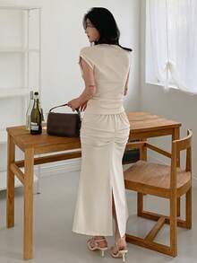 DAZY Women's Wrap Draped Neck Mermaid Hem Skirt 2 Pieces Set - Beige - View 7