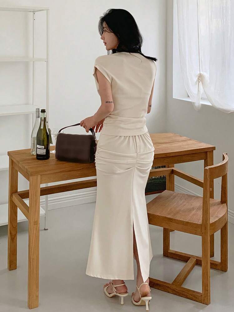 Women's Wrap Draped Neck Mermaid Hem Skirt 2 Pieces Set Summer