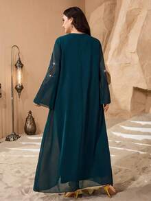 Al Najma Women's Fashionable Chiffon Rhinestone Embellished Long Sleeve Round Neck Dress, Elegant For Banquet, Holiday Party, Arabic Style - Dark Green - View 3