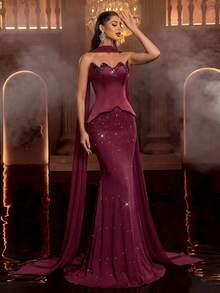 Glamrae Elegant, Luxurious, Colorful Rhinestone Embellished Strapless Mermaid Dress, Suitable For Weddings, Parties, Vacations, Galas, Formal Events (Heavy Embellishment) - Burgundy - View 6
