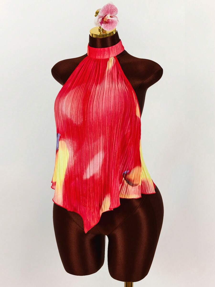 Amplova Camiseta sin mangas con cuello mao, estampado floral asimétrico y plisado de moda - Rojo - Ver 1