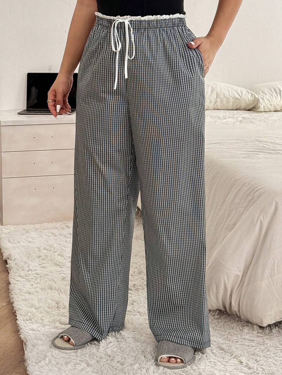 Dazy Plus Pantalones de pijama de talla grande para mujer con cintura elástica, cordón y parches de color contrastante en 2 en 1 - Negro - Ver 1