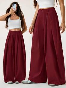 SHEIN Tall Quần dài nữ mùa hè kiểu vintage, phong cách hippie, dáng rộng, màu xanh rêu quân đội. - Màu Đỏ Sâu - Xem 1