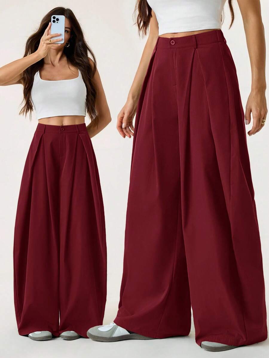 SHEIN Tall Quần dài nữ mùa hè kiểu vintage, phong cách hippie, dáng rộng, màu xanh rêu quân đội. - Màu Đỏ Sâu - Xem 1