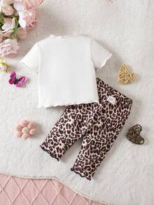 SHEIN 新生女宝宝可爱卡通豹纹短袖两件套，夏季 - 白色 - 查看 6