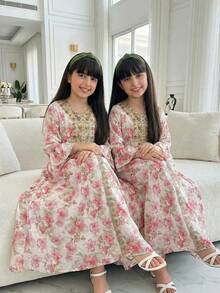 Elegant Girls' Long Sleeve V-Neck Floral Patchwork Dress, Suitable For Travel, Vacation And Daily Wear - Pink - View 1