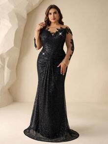 Coutiva 大码女士优雅网纱拼接亮片鱼尾摆晚礼服 - 黑色 - 查看 3