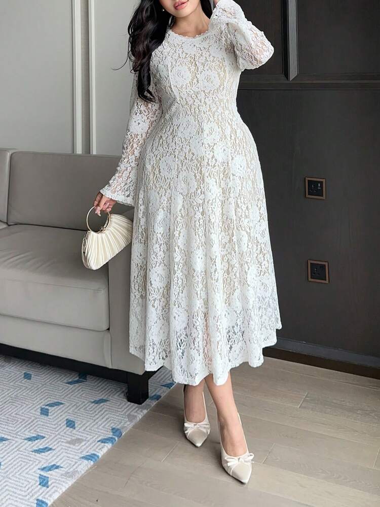 Dazy Plus Plus Size Women Elegant Floral Embroidered Lace Trim Flare Sleeve Waist Cinched Party Dress, White, Spring/Summer Sundress