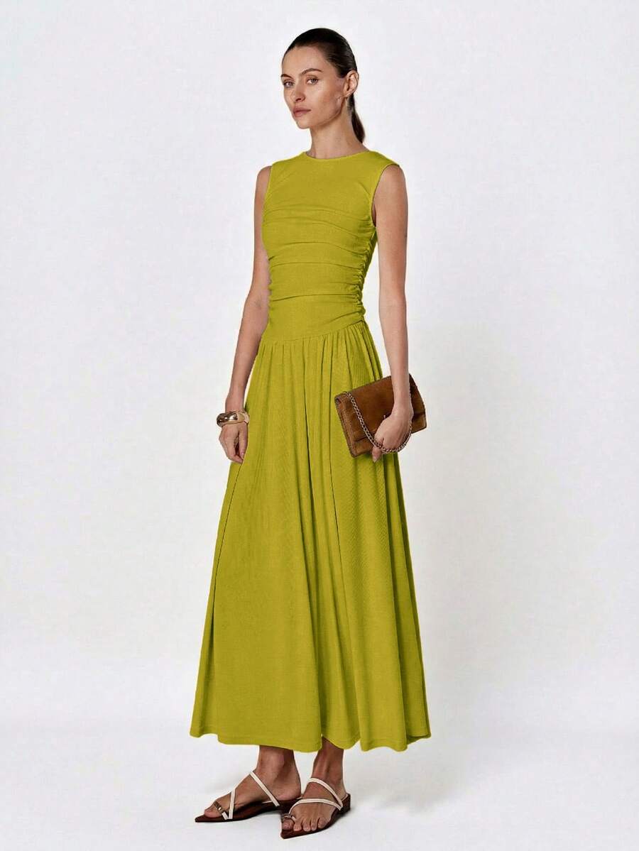 Aveloria Modichic White Minimalist Sophisticated Pleated Crew Neck Sleeveless Dress - Green - View 1