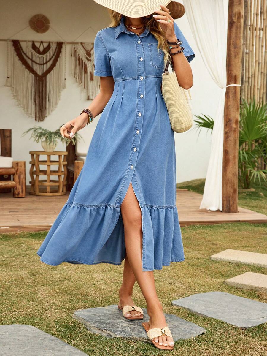 Elenzga Đầm denim tay ngắn dành cho nữ với viền bèo nhún thanh lịch - Màu xanh lam - Xem 1