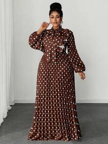 Maweii Plus Size Women Elegant Romantic Delicate French Polka Dot Wedding Guest V-Neck Chiffon Ruffle Puff Sleeve Cinched Waist Pleated Flowing Maxi Dress Dress Modest Brown Long Dress Brown Elegant Dress Women Brown Polka Dot Dress - Multicolor - View 4