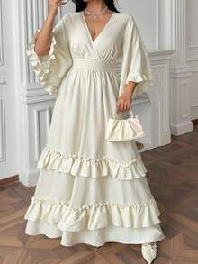 Vibekara Plus Size V-Neck 3/4 Flare Sleeve Ruffle Trim Elegant Vintage Casual Cute Vacation Dress - Apricot - View 1