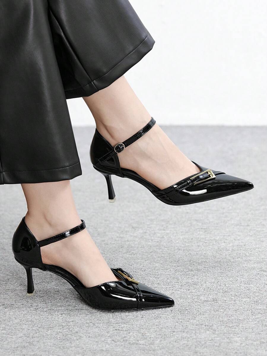 CUCCOO BIZCHIC Tacones de aguja de moda con diseño de hebilla y punta afilada para mujer - Negro - Ver 1