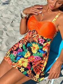 Swim Lushoire 女士热带花卉印花褶皱胸部吊带泳衣套装，优雅沙滩度假装，春夏款 - 彩色 - 查看 4