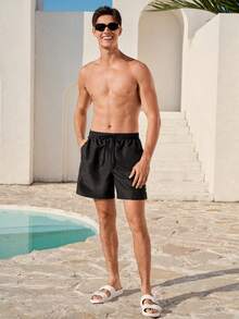 Manfinity VDAYZ Men's Solid Color Elastic Waist Drawstring Loose Casual Beach Shorts, Summer Couple Bathing Suit Set Matching Swim Set Him And Her Swimwear Couple Swimsuit Couple Boyfriend And Girlfriend Matching Swimsuits - Black - View 6