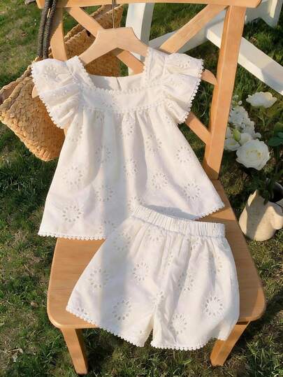 SHEIN Sparklyn 2 Pieces Summer Fashion Set For Girls: Sweet And Cute Lace Tank Top Ensemble Featuring A White Cotton Lace-Trimmed Square Neck Blouse With Ruffled Cap Sleeves And Elastic-Waist Shorts.Perfect For Everyday Wear, Vacations, Shopping, Parties, And More.