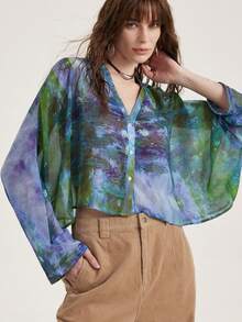 Aveloria Modichic Garden Print Flowy Loose Chiffon Cropped V-Neck Long Sleeve Blouse - Multicolor - View 1