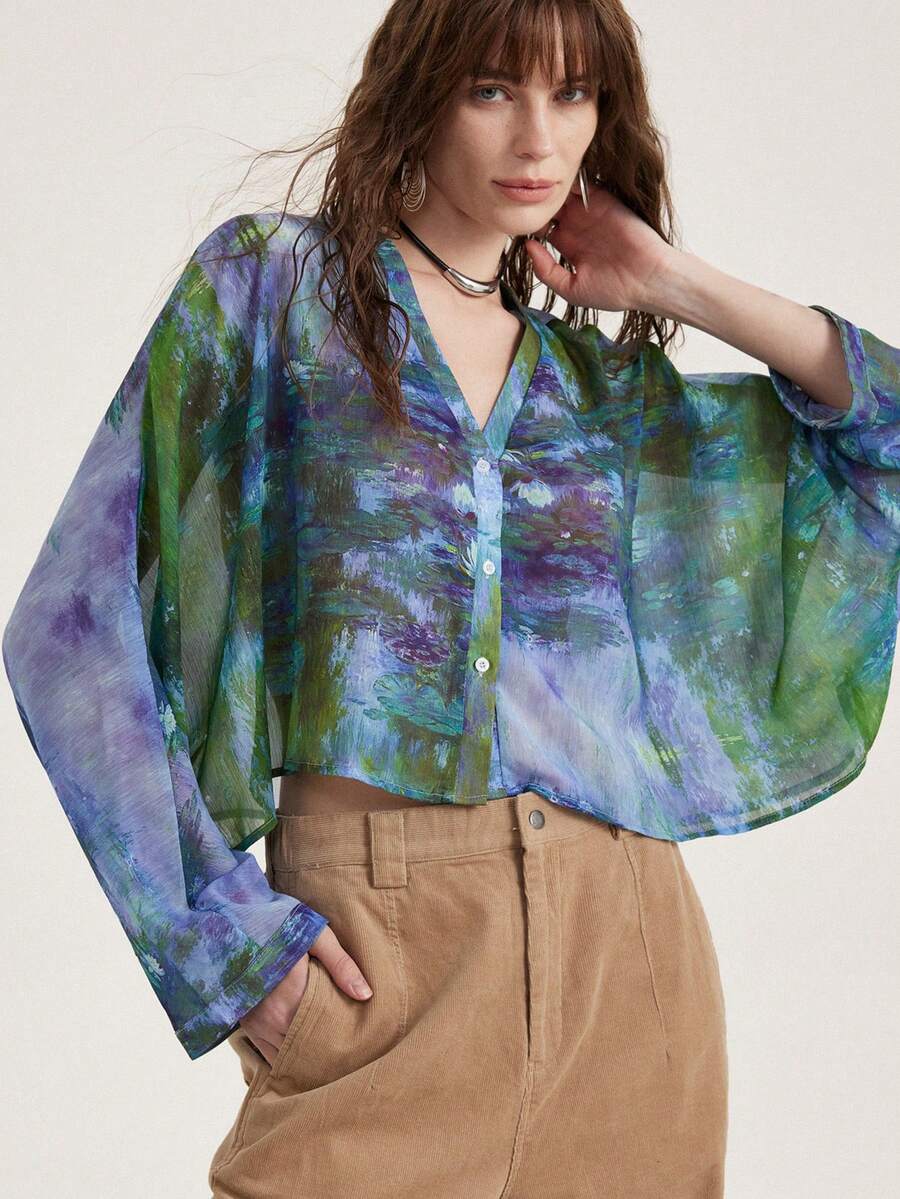 Aveloria Modichic Garden Print Flowy Loose Chiffon Cropped V-Neck Long Sleeve Blouse - Multicolor - View 1