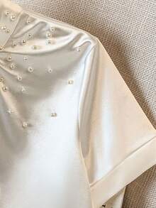 Franclia 女士纯色优雅珍珠纽扣装饰短袖衬衫 - 白色 - 查看 3