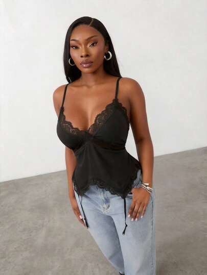 Radiana Plus Size Sexy Solid Color Lace Trim Camisole