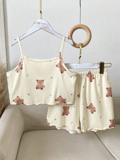 3件套女童休闲可爱卡通爱心、蝴蝶结、樱桃印花背心短裤睡衣套装，夏季