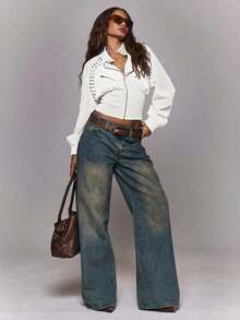 MUSERA Button Funnel Neck Detail Rib Cinched Waist Fitted Jacket Winter Going Out Everyday Night Out Casual Cool Streetwear Washed Spring - White - View 5