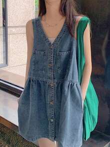 DAZY Women's V-Neck Single-Breasted Casual Pocket Strap Denim Dress - Blue - View 2