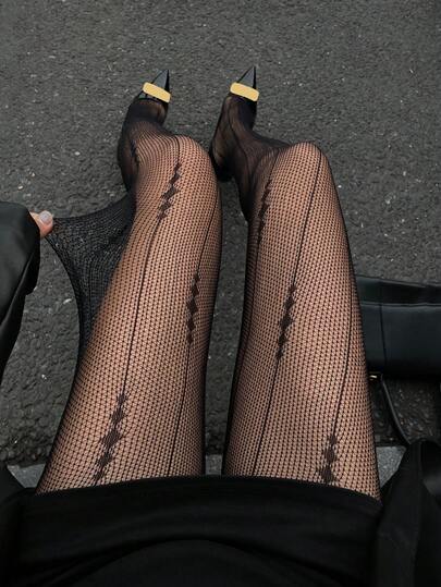 DAZY Premium Geometric Hollow-Out Jacquard Fishnet Stockings, Sexy Black Tights For Women