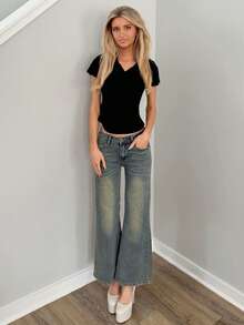 Sydney Algeri 女士口袋休闲喇叭牛仔裤 Y2K 街头风低腰牛仔裤 - 薄荷藍 - 查看 1