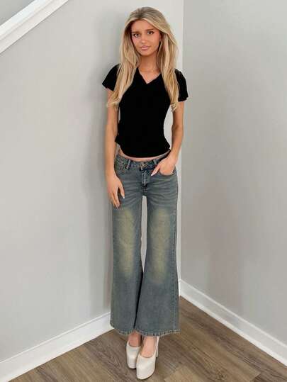 Sydney Algeri 女士口袋休闲喇叭牛仔裤 Y2K 街头风低腰牛仔裤