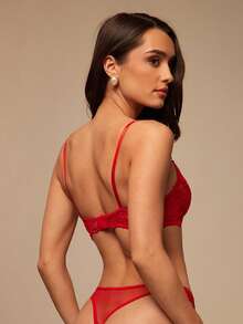 Silquee Floral Lace Underwire Lingerie Set Valentine's Day Sexy Lace Galentines Adult Date Night  Spandex See Through Romantic Sexy Curve Red Lingerie Set - Red - View 2