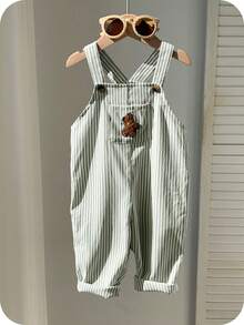 SHEIN Baby Boy Casual Cute Versatile Striped Cartoon Bear Pattern Bib Overalls - Multicolor - View 6