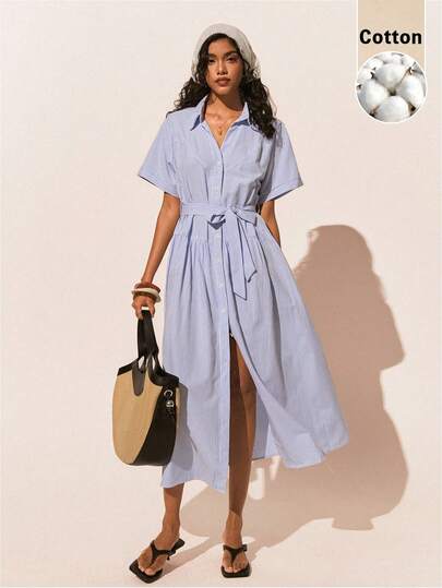 Poéselle Women's Cotton Dress Striped Belted Button-Down Shirt Midi Dress – Breezy Cotton Poplin Resort Staple Striped Shirt Dress, Belted Midi Dress, Cotton Poplin Dress, Blue Summer Dress, Coastal Chic Outfit, Vacation Capsule Wardrobe, Coastal Grandmother Style, Lightweight Sundress Casual/Commute Front Button Midi Shirt Dress