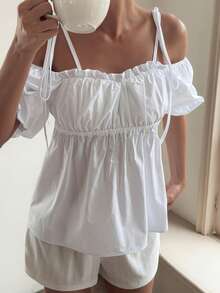 Livesso Áo sơ mi nữ màu trắng bằng cotton, tay phồng, eo thon, thích hợp cho kỳ nghỉ hè. - trắng - Xem 4
