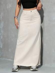 Jeanoix 女士高腰带口袋长款休闲/工作牛仔中长裙 - 杏色 - 查看 5