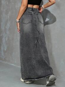 SHEIN Jeanoir Falda midi de mezclilla casual/de trabajo de cintura alta con bolsillos para mujer - Gris - Ver 2