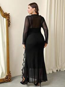 Firerie Plus Size Women Elegant Casual Vacation Vibe Ins Style Floral Decor Elastic Mesh Romantic Afternoon Tea Long Sleeve Dress, Autumn/Winter Plus Size Black Elegant Dress Long Sleeve Elegant Dress Date Night Dress Curve Black Sheer Dress Elegant Dresses For Party, Wedding, Valentine's Day, Spring Outfit Women, Spring Dress For Women - Black - View 4