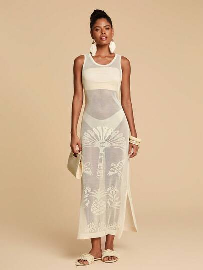 Travachic Women's Semi-Sheer Pineapple Pattern Crew Neck Pullover Cover Up,Bohemia,Beach,Beach Outfits For Women,Beach Set,Going Out,Vacation,Vacation Outfits Women,Holiday,Summer,Summer Clothes,Summer Outfits For Women,Valentine's Day,Carnival,Carnival Costume,Party ,Going Out,Going Out Outfits,Casual,Elegant,Y2k,Flower,White