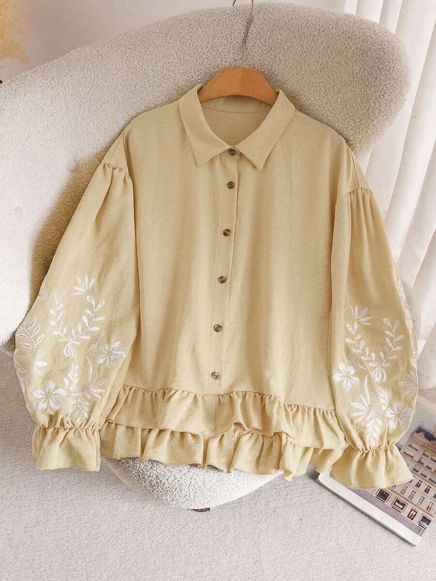 CosyJoli 大码女式长袖荷叶边刺绣优雅衬衫 - 杏色 - 查看 1