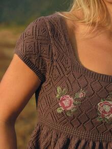 WESTFADE Floral Embroidered Pointelle Knit Square Neck Short Flutter Sleeve Peplum Babydoll Knit Top - Coffee Brown - View 6