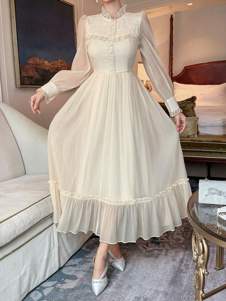 Women's Elegant Lace Patchwork Stand Collar Puff Sleeve Dress, Autumn Wedding Guest Dress Sundress