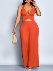 SOLERSUN Bộ jumpsuit nữ thanh lịch màu trơn, cổ khoét sâu, lưng hở với họa tiết đan chéo. - Rỉ Nâu - Xem 2