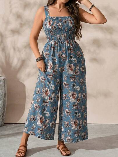EMERY ROSE Plus Size Women Floral All-Over Print Square Neck Casual Jumpsuit